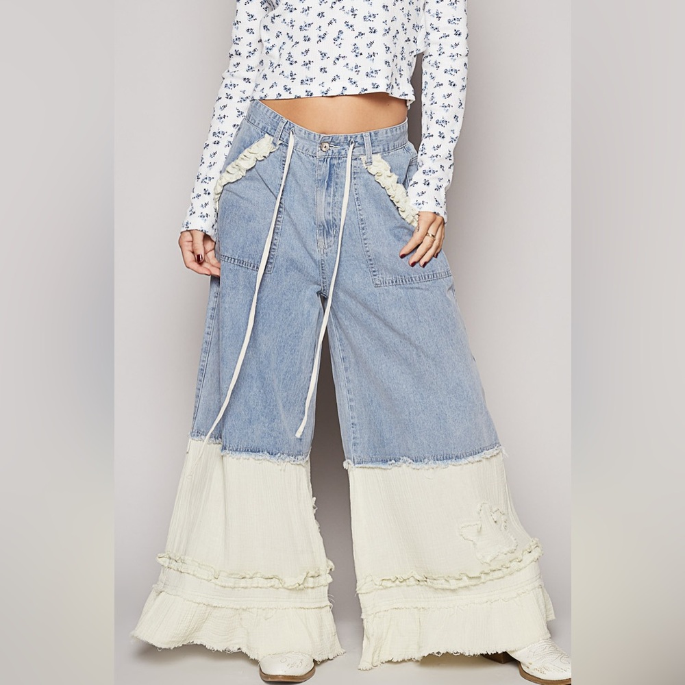 POL Denim and Cream Wide-Leg Jeans